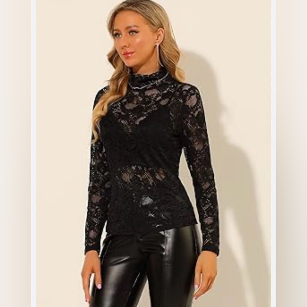 One West New York Women's Lace Floral Embroidery Mock Turtle Neck